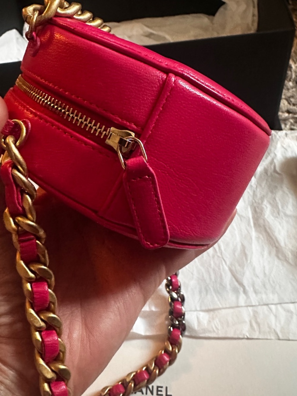 CHANEL Hot Pink Quilted Round Mini Crossbody with Gold Chain - Picture 9 of 16